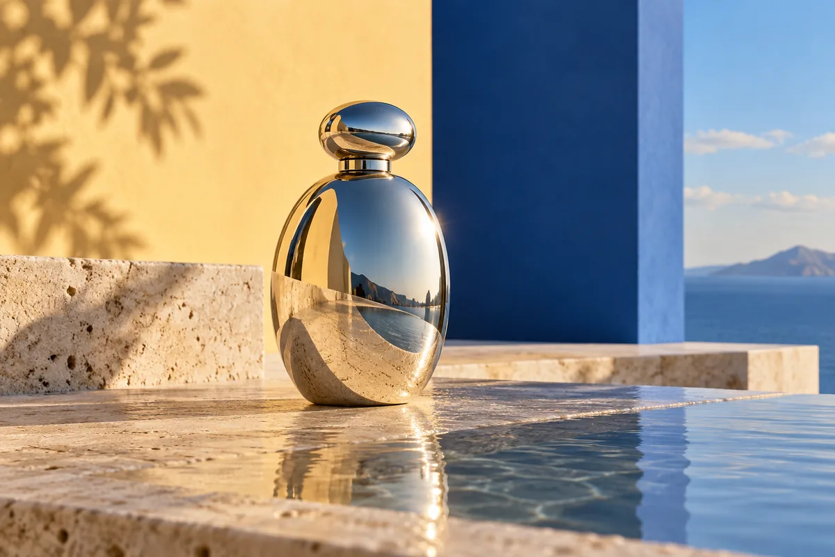 A sculptural chrome perfume bottle in a sunlit architectural setting