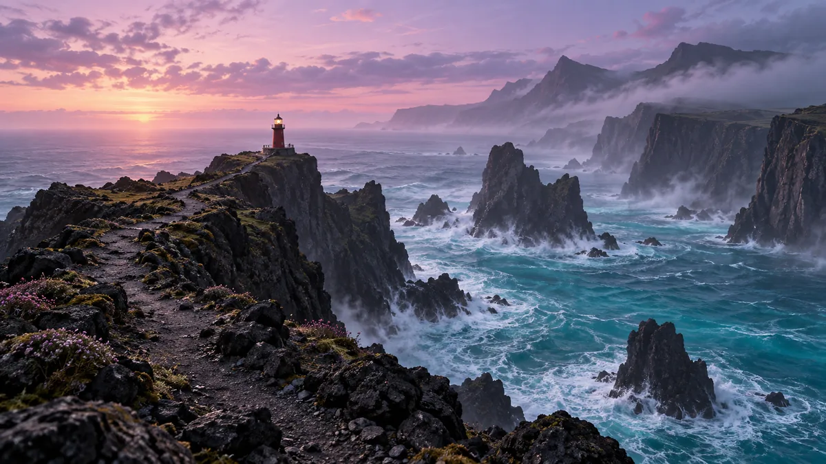 A red lighthouse above a turquoise sea beneath a lavender sky