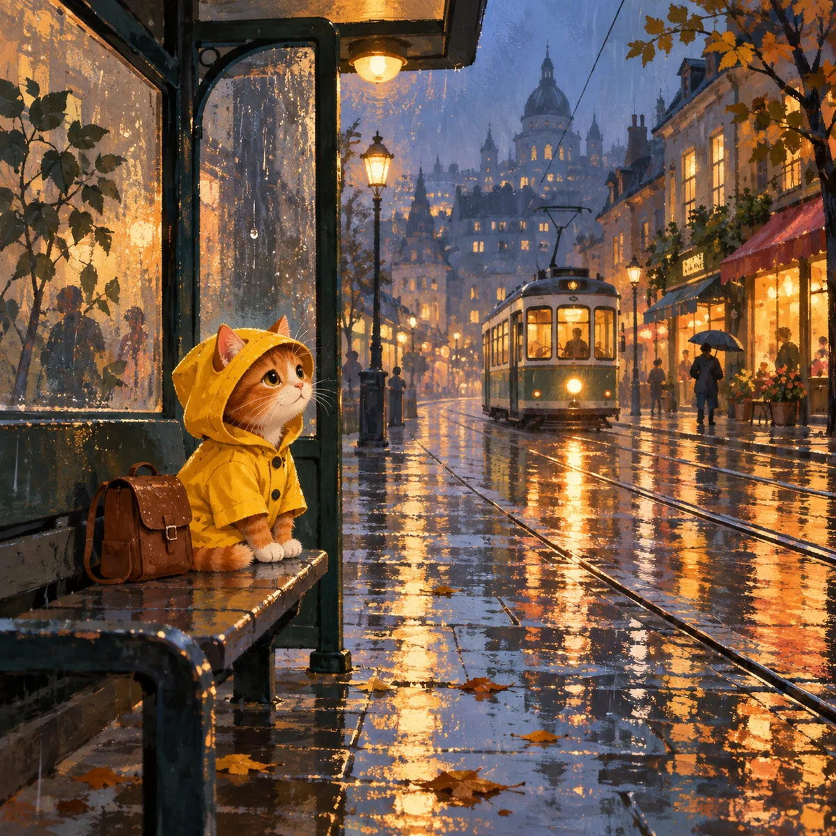An illustrated orange cat in a yellow raincoat on a rainy city street